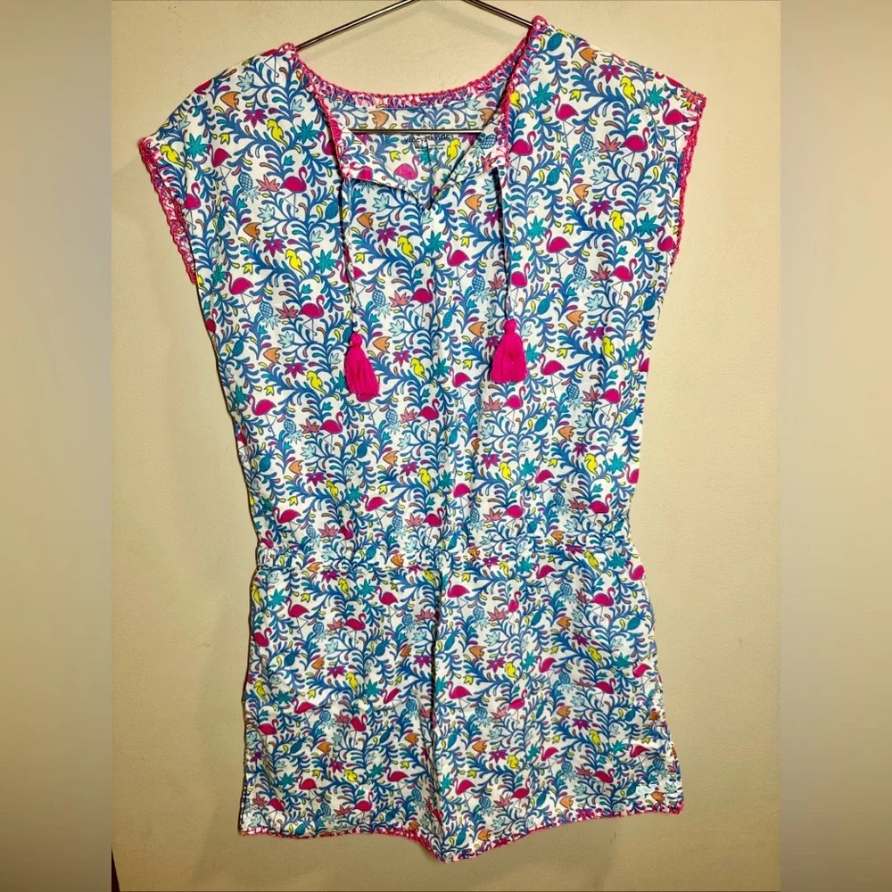 Vineyard Vines Girls Floral Swim Coverup Romper in White, Blue & Pink